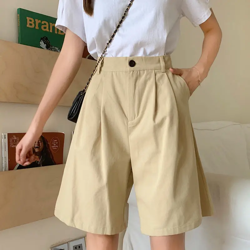 Soft Pleated Shorts Women’s Japan Simple Summer Knee Length Trousers College Teens Unisex Vintage High Rise Waist Loose Plus size womens Japanese Clothing for Woman in Khaki