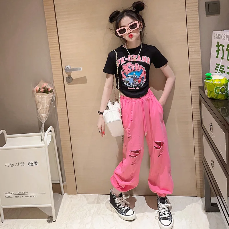 

2023 teenager summer Girls clothes midriff street suit crop top cartoon print t shirt + Ripped Ankle-tied pant
