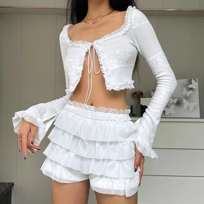 

Combhasaki Women's Kawaii Shorts Set Flare Long Sleeve Frills Front Split Tie-up Crop Top + Layered Shorts Summer 2-piece Outfit