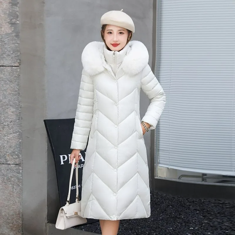 

2023 New Women Down Cotton Coat Winter Jacket Mid Length Version Parkas Slim Fit Thick Warm Outwear Hooded Fur Colla Overcoat