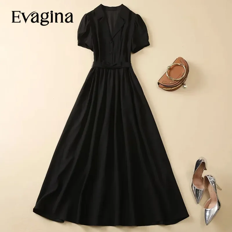 

Evagina Fashion Women's New Turn-Down Collar Puff Short Sleeve Single-Breasted Lace-Up Office Lady High-Waisted Mid-Length Dress