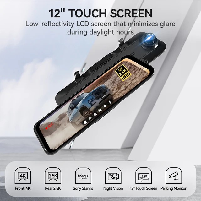 탁월한 4K 영상과 12인치 IPS 스크린을 갖춘 WOLFBOX G900 후방 대시 캠으로 안전하고 편리한 주행 경험을 만끽하세요.