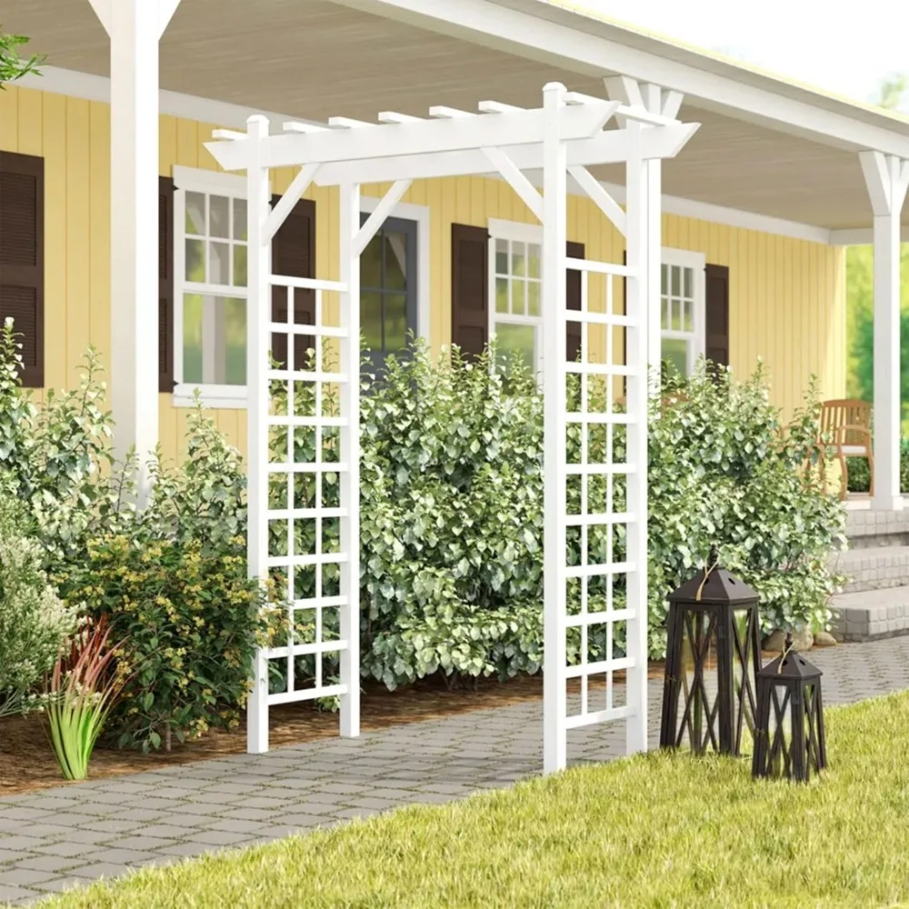 Garden Arch PVC Patio 64 by 85 Inch, Outdoor Lattice Frame Decoration or Trellis for Climbing Plants, White