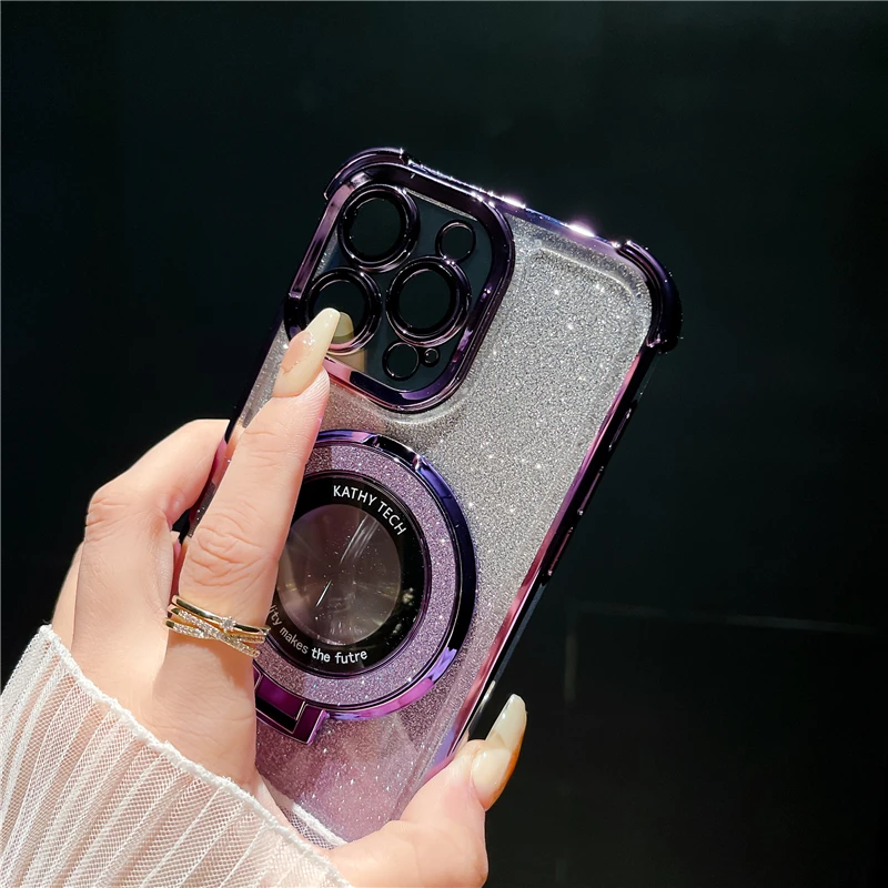 Luxury Magsafe Magnetic Flash Plating Phone Case with Stand and Lens Protection