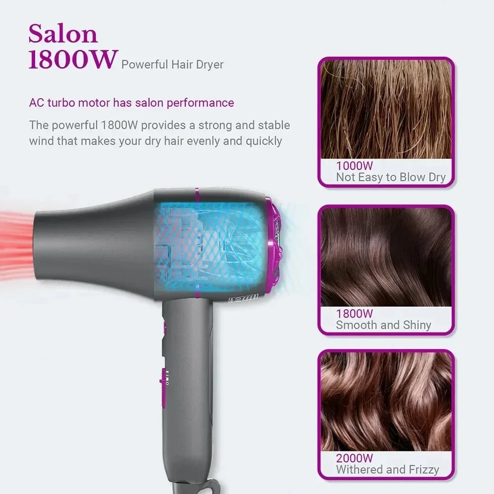 1800W Professional Hair Dryer Powerful Hair Care Strong Wind Blower Constant Temperature Collecting  Air Comb Nozzle Gear 5