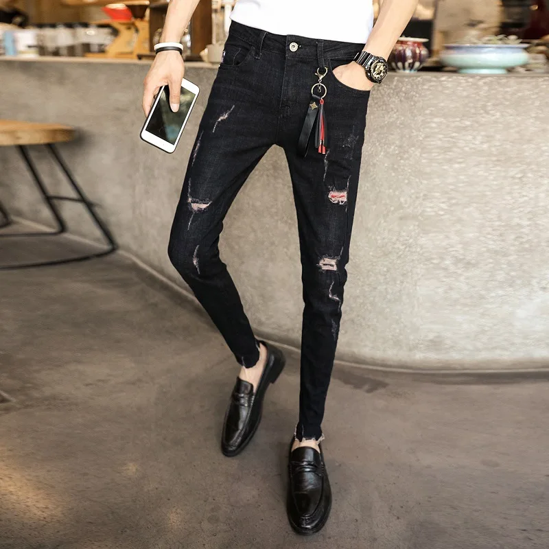 Summer 2022 Teenagers Street Ankle Length Ripped Hole Dark Jeans Men's Korean Tight Beggar Feet Pants Skinny Men's Pencil Pants