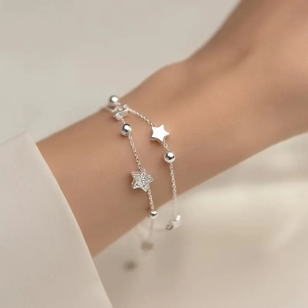 Stars Bracelet 925 Stamp Silver Color Star Bracelet Fashion Korean Five-pointed Stars Crystal Double Bracelet