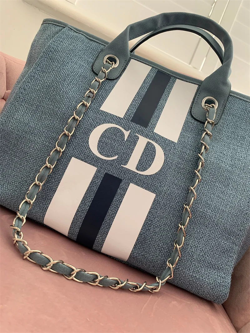 Monogram Tote Bag Canvas Customised Blue White Navy Chain Handbag Personalised Stripe Initials Beach Holiday Stripe Initials