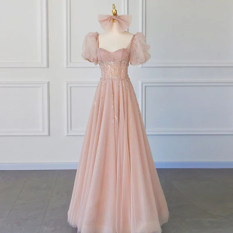 

French Square Collar Puff Sleeve Evening Dresses Sweetheart Bow Applique Beading Women Formal Party Gown Vestidos