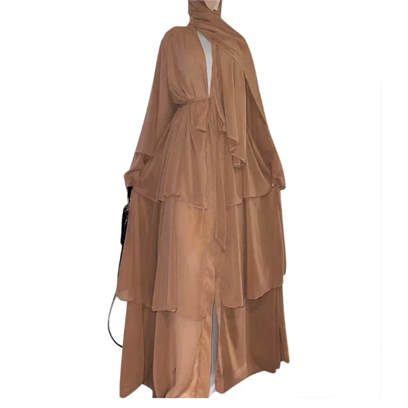2024 summer new fashion patchwork three-layer chiffon flared sleeves flowing cardigan dress robe 6