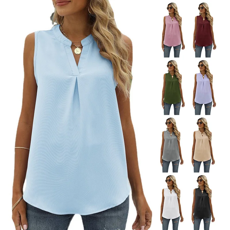 

Women New Fashion Chiffon Blouses Casual Loose Office Work Shirt Female V-neck Sleeveless Tank Top Solid Color Vest