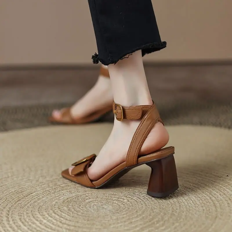 Women Metal Square Buckle High Heels Sandals Summer Square Toe Pumps for Women Vintage Buckle Lady Shoes Mid Heel Female Pumps