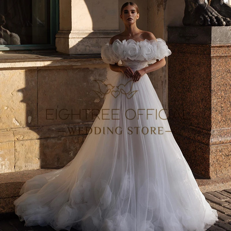 Eightree White A-Line Wedding Dresses Women Off The Shoulder Flower Bridal Dress Princess Wedding Ball Prom Gowns Custom Size 4