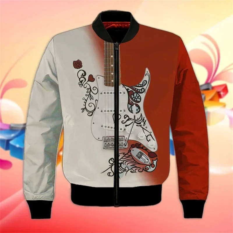 Chaqueta con estampado de guitarra para hombre, abrigo con estampado 3D de instrumentos musicales, sudaderas casuales de moda, chaquetas holgadas con cremallera, camisetas de manga larga