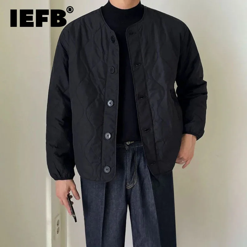 

Зимнее мужское свободное хлопковое пальто IEFB без воротника, модная Теплая стеганая куртка в Корейском стиле, однотонный нишевой дизайн 2023, новинка 9C3340