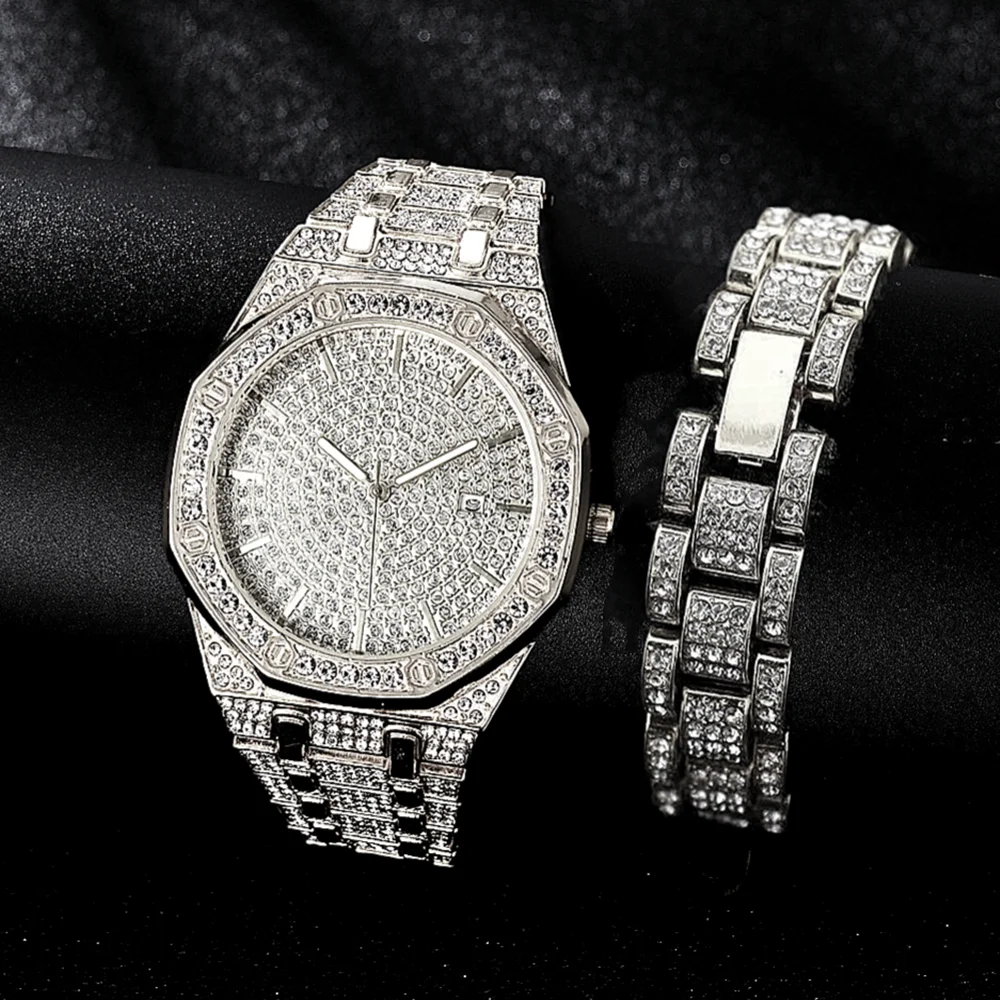 2PCS Full Bracelet Diamond Watch for Men Iced Out Watch Fashion Luxury Quartz Wristwatch HipHop Gold Watches Jewelry Set Gift