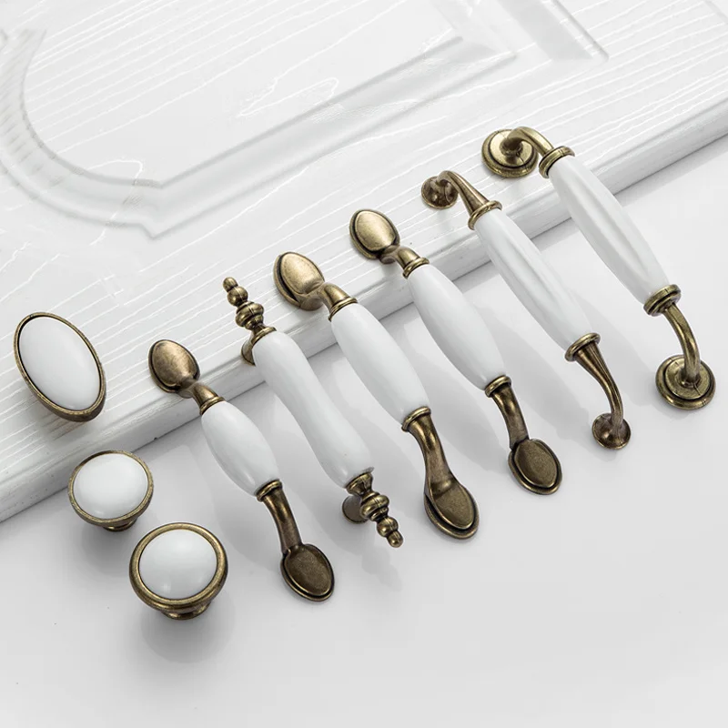 

2 pcs White Ceramic Door Handles European Antique Furniture Handles Drawer Pulls Kitchen Cabinet Knobs and Handles