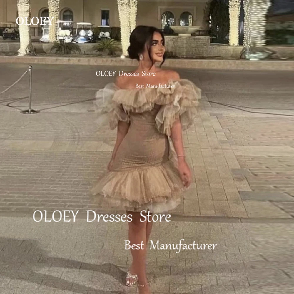 

OLOEY Sexy Off the Shoulder Arabic Champagne Short Prom Dresses Tutu Organza Mini Cocktail Dress Formal Evening Dance Skirt