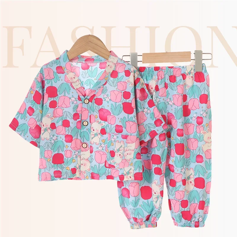 

2024 New Kids Summer Thin Pajamas Boys Girls Cartoon Three-quarter Sleeve V-neck Shirt Tops + Pants Baby Casual Clothing Sets