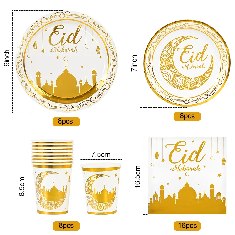 Eid Mubarak Decoration Paper Napkin Plate Cups Disposable Tableware Ramadan Kareem Home Decor Eid Islamic Muslim Party Supplies