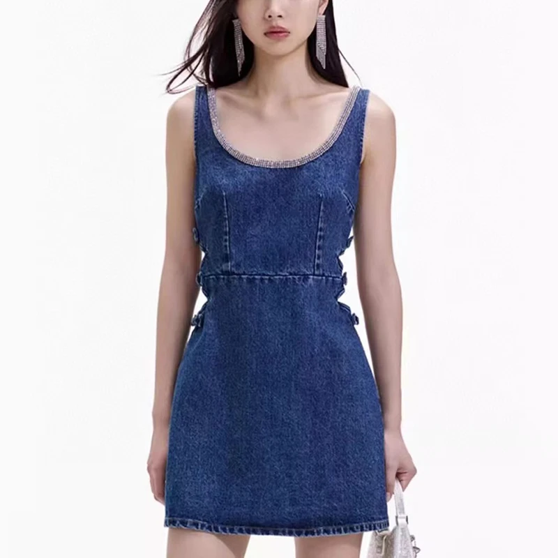 

Heavy duty rhinestone U-neck women's dress, waisted hollow bow short denim skirt, high quality, Y2K,2024, summer, new