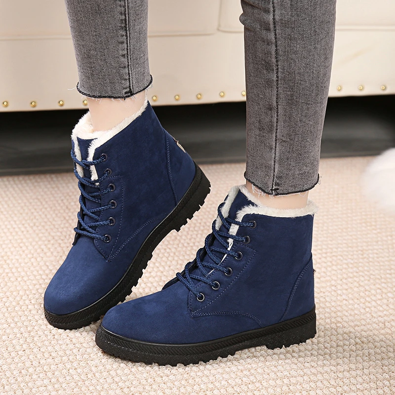 2023 High Quality Women's Shoes Winter Plush Warm Mid-Calf Women's Boots Solid Color Round Toe Lace Up Low-heeled Shoes Women