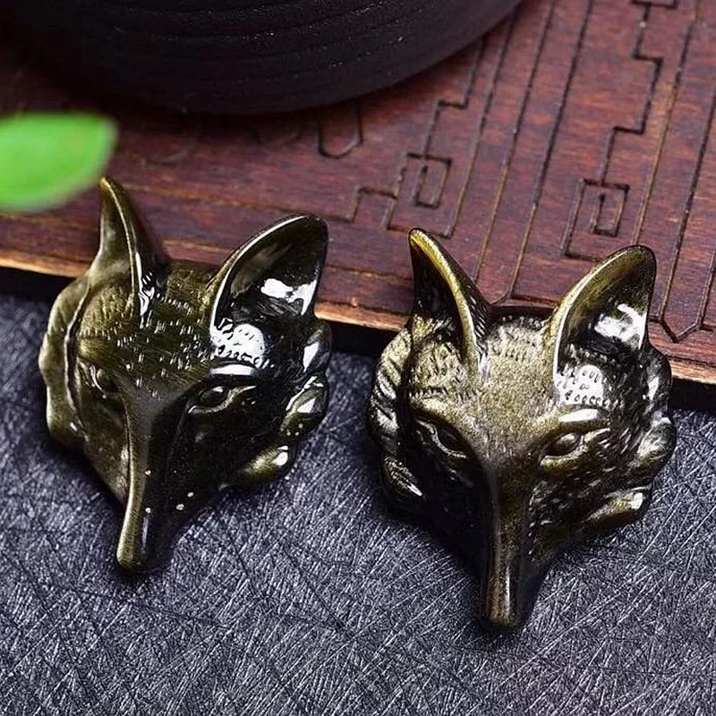 Natural Gold Obsidian Hand Carved Wolf Head Pendant Fashion Boutique Jewelry Men's and Women's Wolf Necklace Gift Accessories