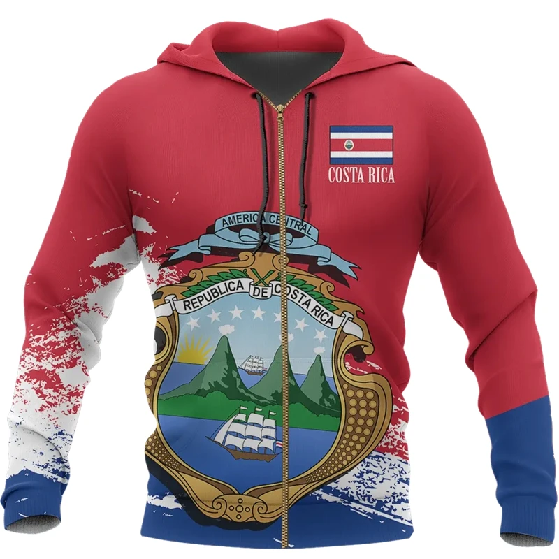 Sudadera con capucha y cremallera con la bandera del país de moda de primavera y otoño, nueva y popular sudadera con capucha con estampado 3D del emblema nacional de Costa Rica, abrigo para niños