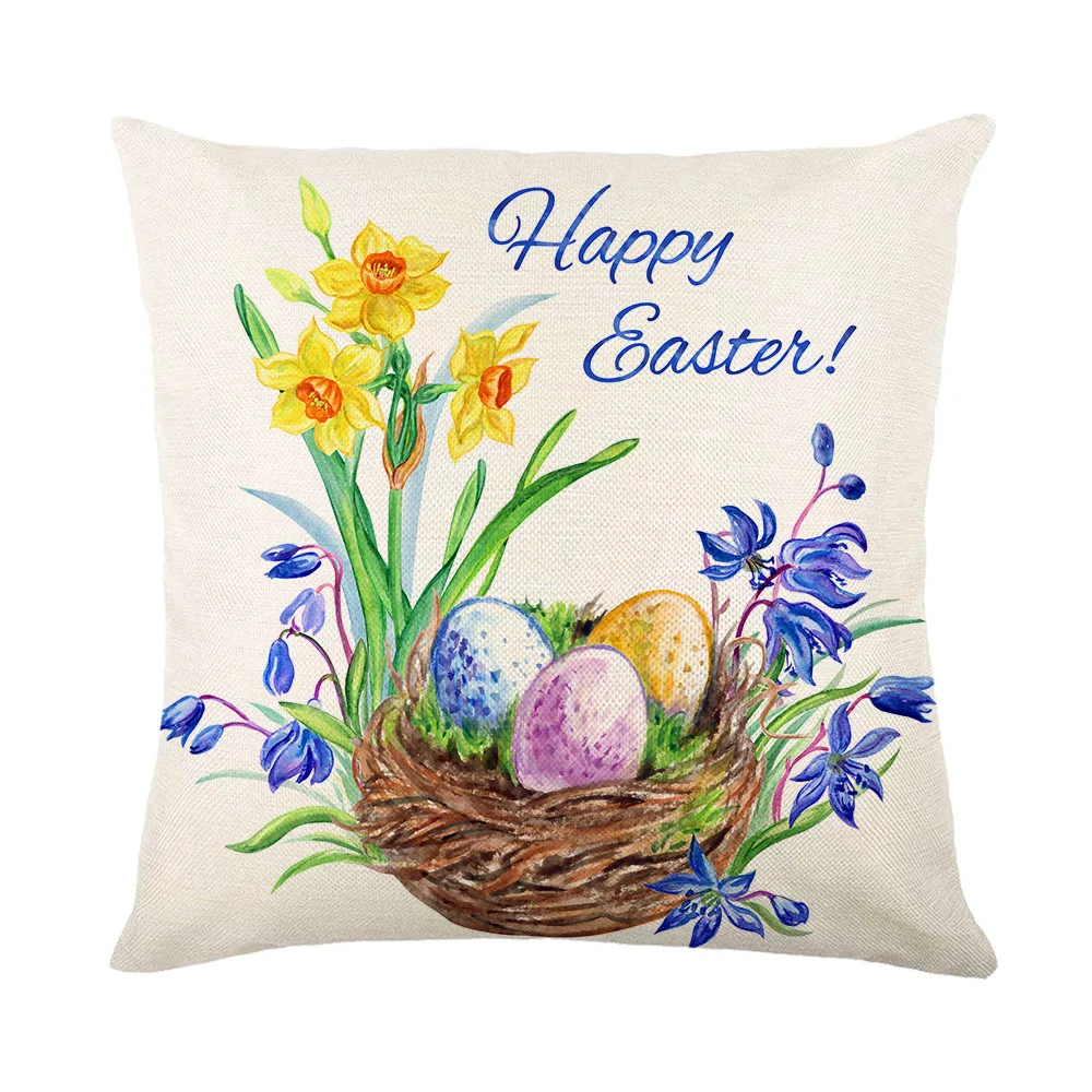 Spring Easter Home Decor Cushion Cover Flowers Bunny Eggs Printed Square Linen Throw Pillowcase