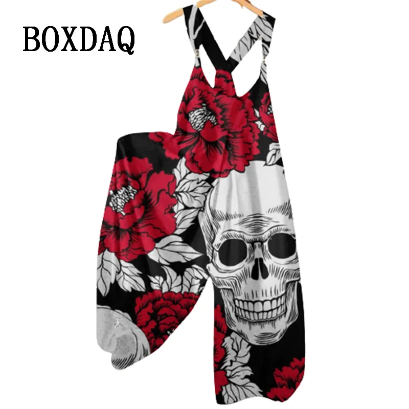 

Fashion Women Jumpsuits 2023 New Spring Summer Skull Printed Wide Leg Overalls Casual Sleeveless Loose Rompers Female Jumpsuits