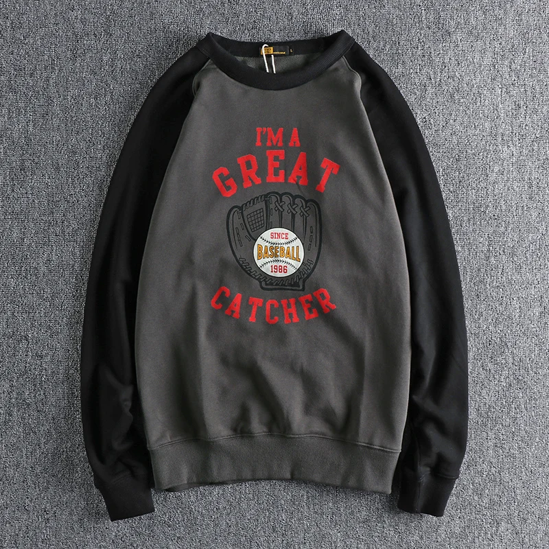 

New American Retro Casual Baseball Print Round Neck Hoodies Sweatshirts Men's Washed Tripe Terry Comfortable Raglan Sleeves Tops