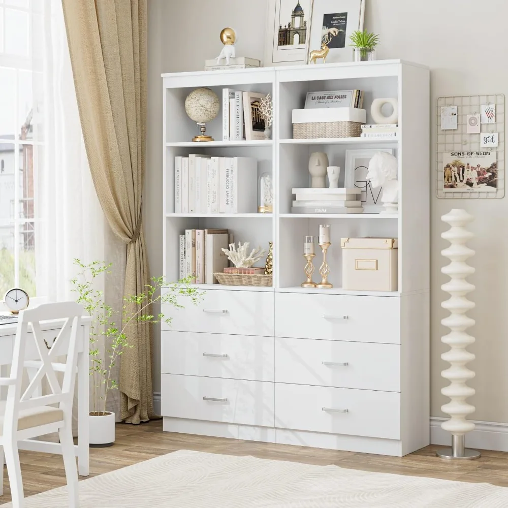 71" H White Bookshelf with Drawers, Bookshelf and Bookcase with 3-Tier Open Shelves, Tall Bookcase Tall Storage Cabinet for Home 4