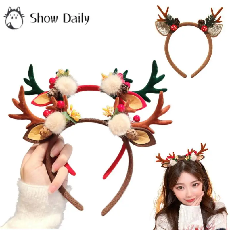 Christmas Headwear Hair Band Elk Bowknot Deer Horn Plush Girl