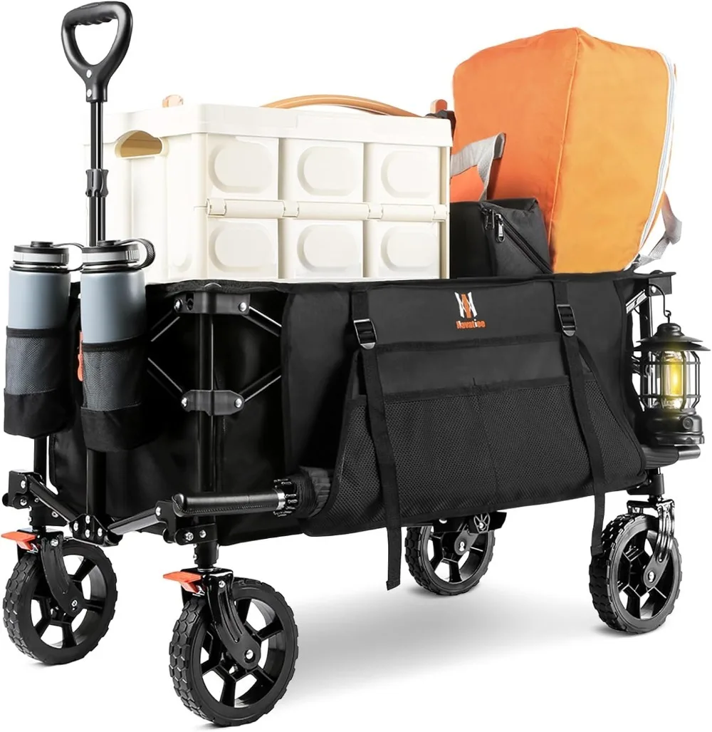 

Collapsible Folding Wagon, Heavy Duty Utility Beach Wagon Cart with Side Pocket and Brakes, Large Capacity Foldable Grocery