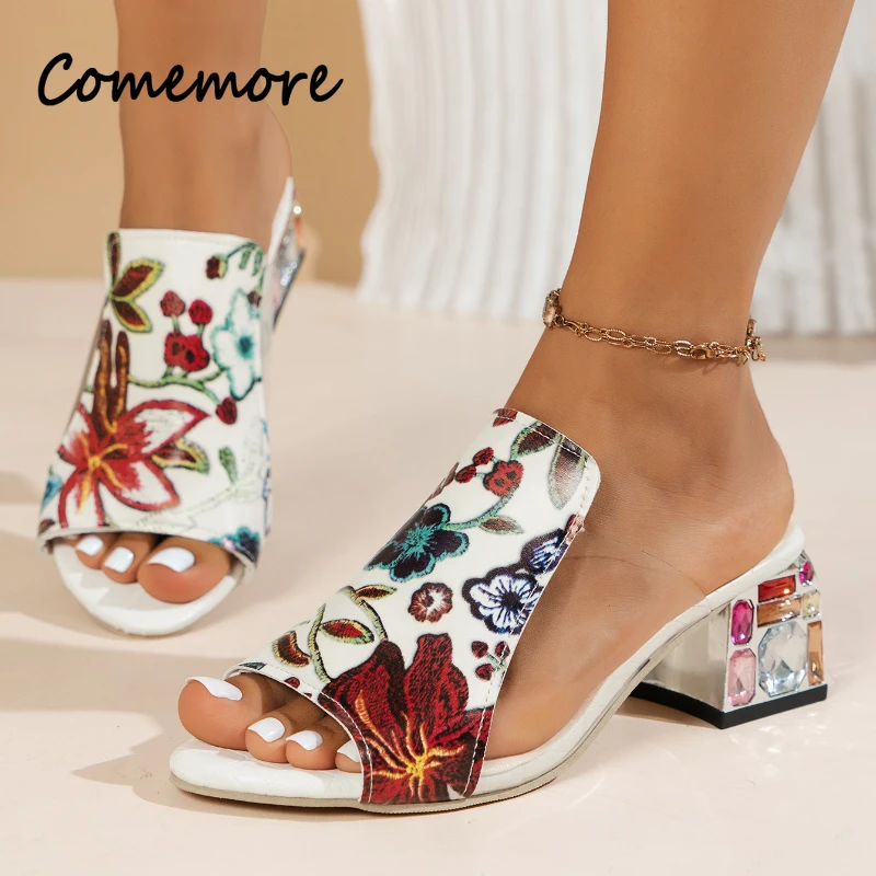 Women Slippers Floral Print Genuine Leather Mesh Patchwork Outdoor New Summer Sandals High Heel Elegant Slides