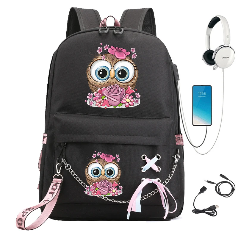 

Школьный ранец для девочек, милый рюкзак с рисунком Совы и флодерсона для подростков, сумка с Usb-разъемом для учеников начальной школы