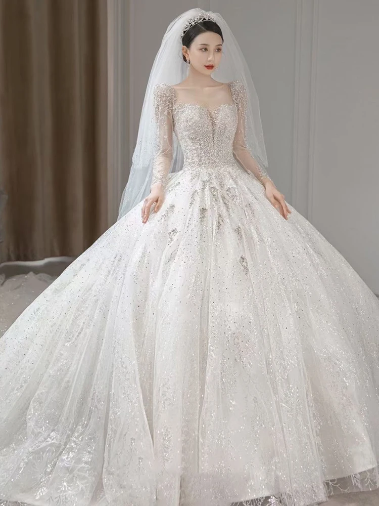 C195 高級レースアップリケロングトレインシースルーバックの