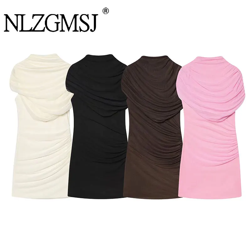NLZGMSJ 2026 Frühling Sexy Chic Frauen Party Kleid Solide Stehkragen Ärmellose Kurze Vestidos Mode Weibliche Gestapelt Mantel Kleid