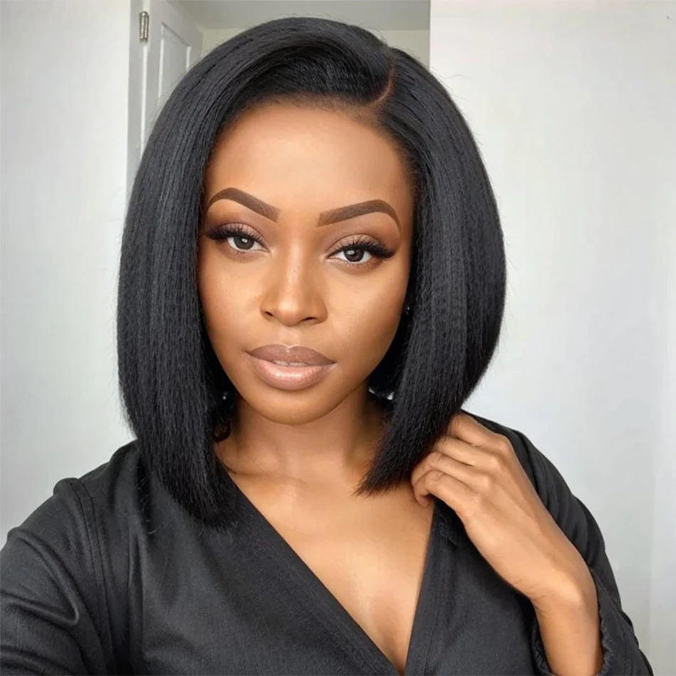 

Glueless Wigs Short Bob Wig Kinky Straight Lace Front Human Hair Wigs 13x4 HD Transparent Yaki Straight Ready To Wear Remy Wig
