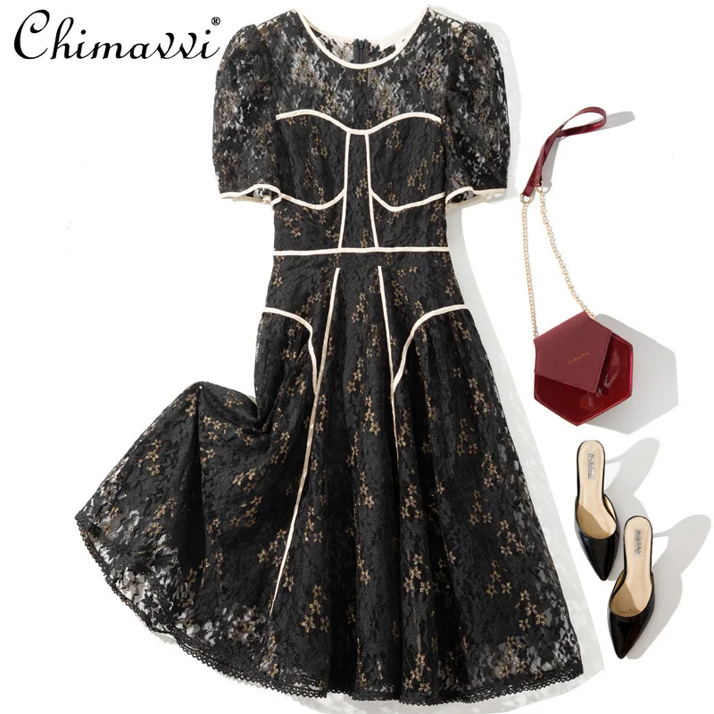 

2022 Spring Summer New Fashion Hollow Lace Contrast-Color Edge Mid-Length Dress High-End Elegant Slim-Fit Short Sleeve Dresses