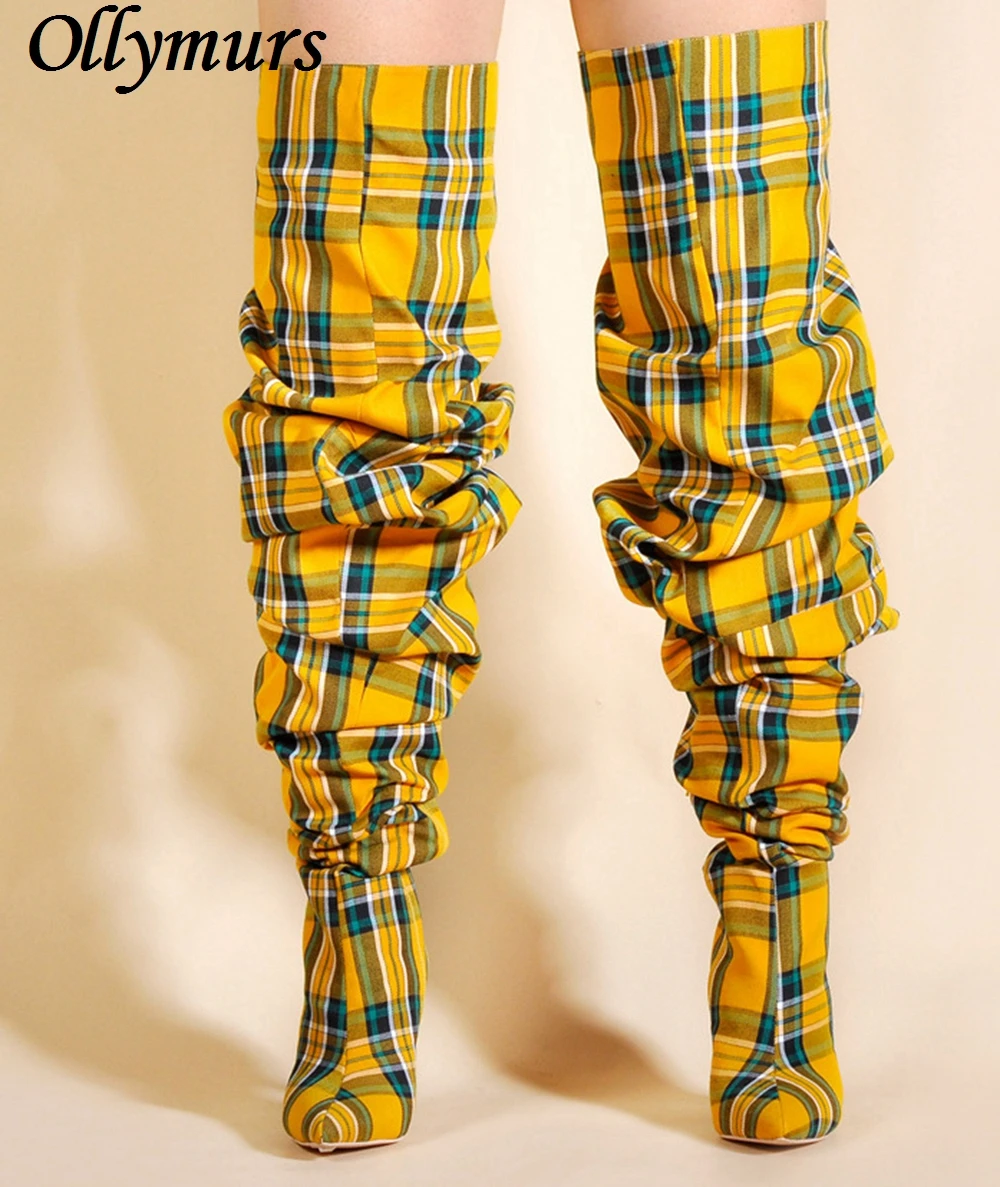 

European color plaid sexy pointed heel catwalk stage boots fashion over the knee high thigh high boots women shoes