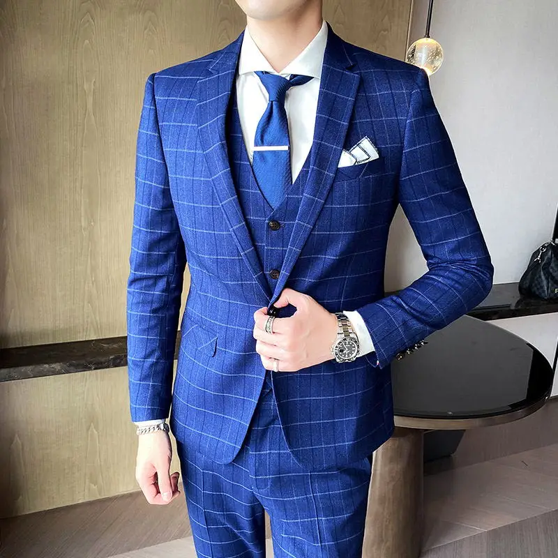 

Boutique (suit + Vest + Trousers) Men's Fashion Business Gentleman Slim Casual Plaid British Style Formal Dress Three-piece Suit