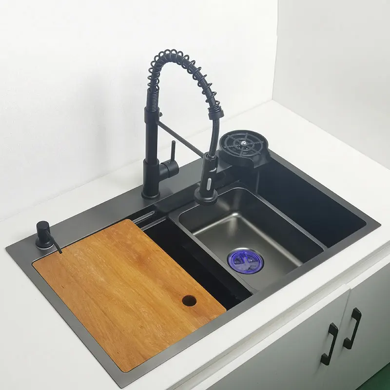 Black Nano Kitchen Sink Above Mount Washing Basin with Chopping Board 304 Stainless Steel Single Black Kitchen Sink