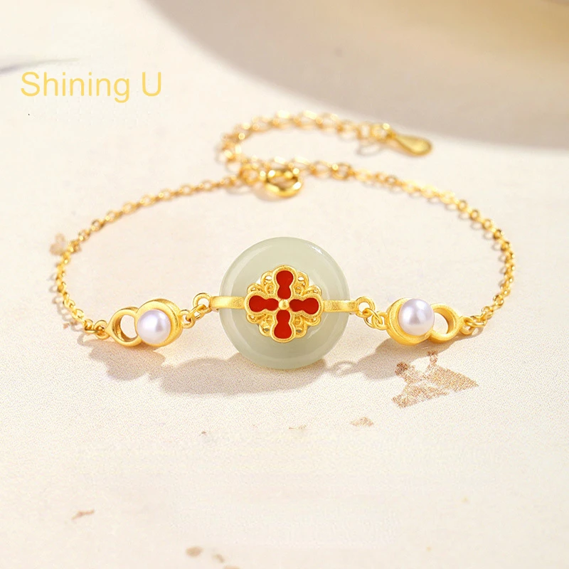 

Shining U S925 Silver Hetian Jade Peace Buckle Bracelet for Women New Chinese Style Fine Jewelry Gift