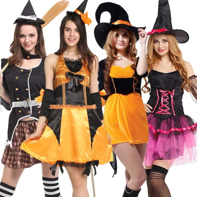 

Gothic Witch Costume Adult Women Halloween Role Play with Hat Party Belt Lace Short Dress Witch Sexy Lace Flower Dress