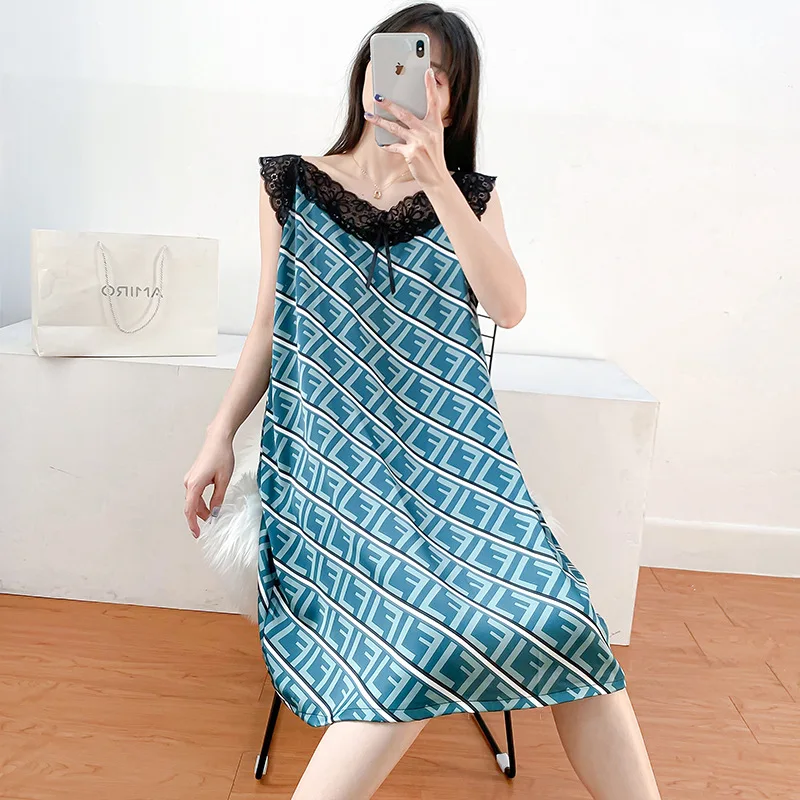 

Satin Print Sleep Dress Lady Kimono Dressing Gown Sexy Lace Nightdress With Bow Patchwork Intimate Lingerie Sleeveless Nightgown