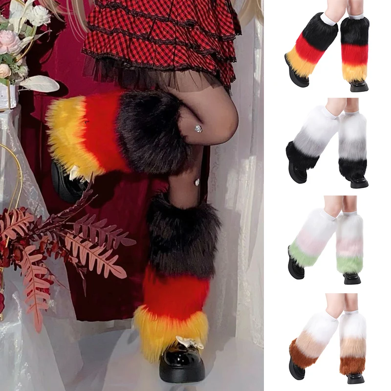 

Women Plush Leg Warmers Contrast Color Stripes Aesthetic Knee High Socks Boot Cuffs Cover for Clothes Accessories