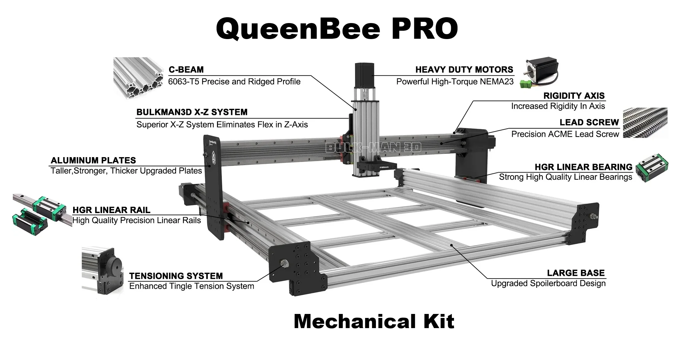 3D QueenBee PRO CNC Mechanical Kit Linear Rail Upgraded Tingle Tension System Screw Driven 4 Axis Engraver