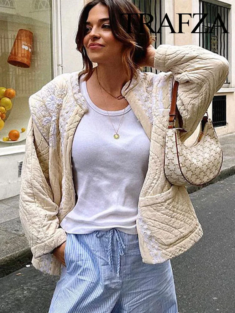 

TRAFZA Women's Fashion Embroidered Decoration Loose Cotton Coat Winter Retro Long Sleeve Button Women's Pocket Jacket Chic Top