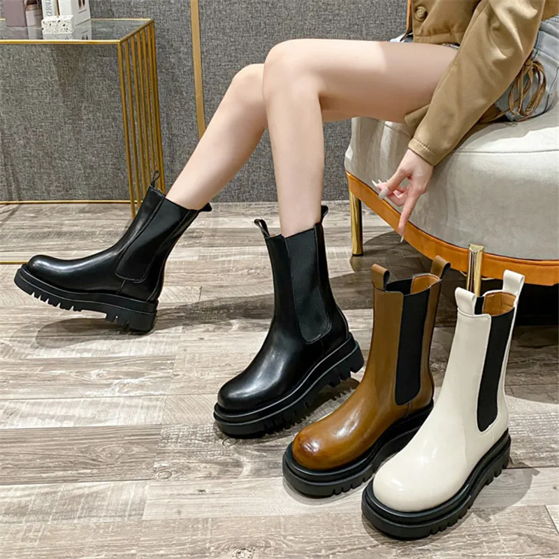 Black Women Chelsea Boots Thick Sole Platform Ankle Boots